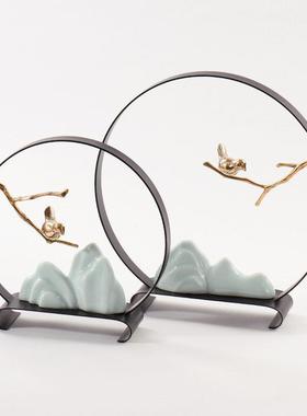 新中式陶瓷假山金属铜鸟摆件客厅别墅酒柜玄关样板房家居软装饰品