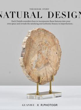 新中式样板房玄关天然不规则树化石几何摆件售楼处书柜软装饰品