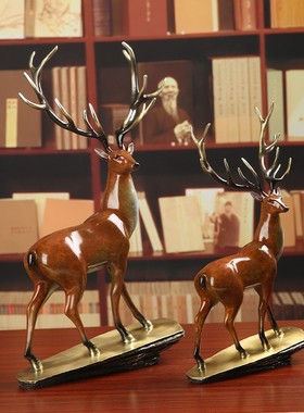 一鹿高升纯铜鹿摆件中式客厅办公桌面摆设乔迁送长辈领导居家装饰