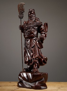 黑檀木雕关公佛像摆件q大号武财神家居客厅装饰红木工艺品开业送