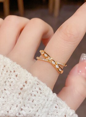 韩式锆石交叉开口戒指小众轻奢风百搭食指戒气质高级感手饰女