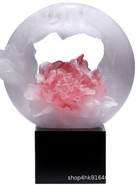 琉璃艺术品粉烧牡丹花摆件办公室桌面装饰工艺品乔迁新居礼物高档