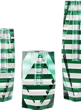 现代简约绿色横条纹透明水晶花器桌面摆件客餐厅玄关家居饰品工艺