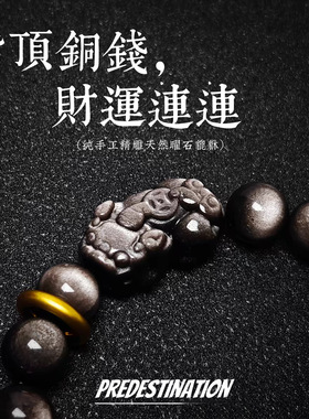 【国潮貔貅】天然银曜石金耀貔貅金色跑环国潮貔貅男女单圈情侣