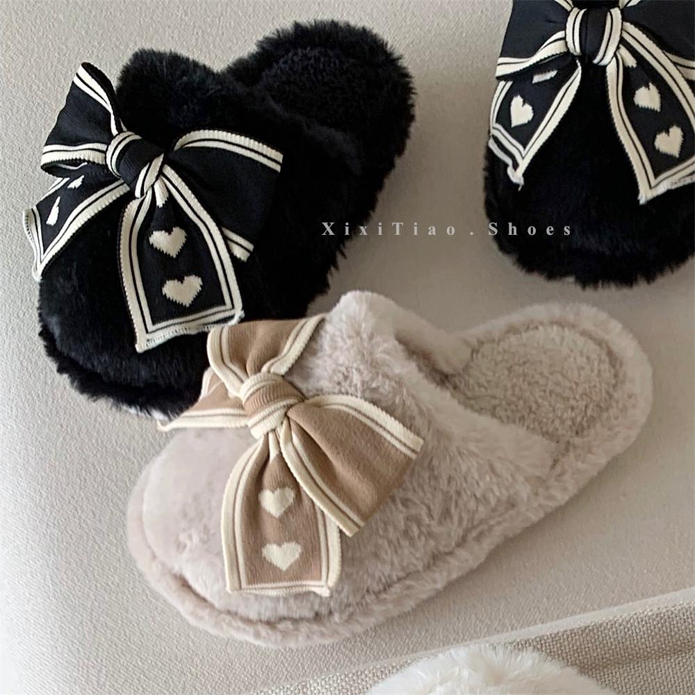 增高7cm小个子毛毛棉拖鞋女2024秋冬新款蝴蝶结百搭网红居家外穿 - 图2