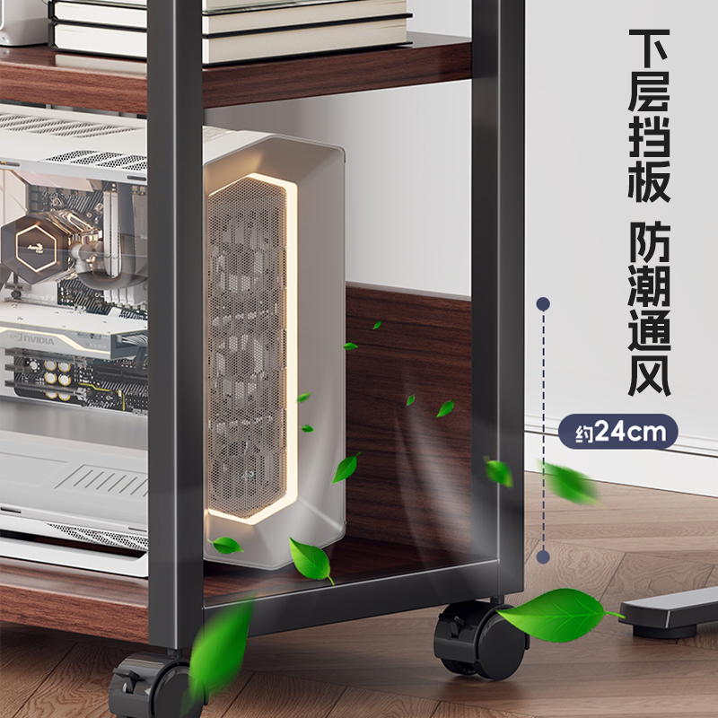 Floor-standing main case storage rack near the desk