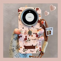 Suitable for Huawei mate60pro mobile phone shell brown label oil painting flower p50 40 with hanging rope high-grade sense