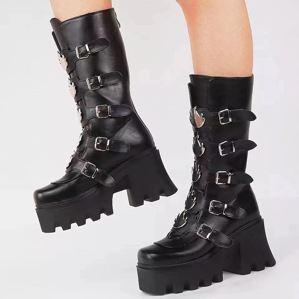 朋克马丁靴高跟厚底皮鞋大码women high heel boots martin boots - 图1