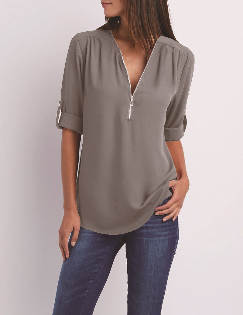 T恤V neck blouse tops women shirt ladies loose chiffon shirt - 图2