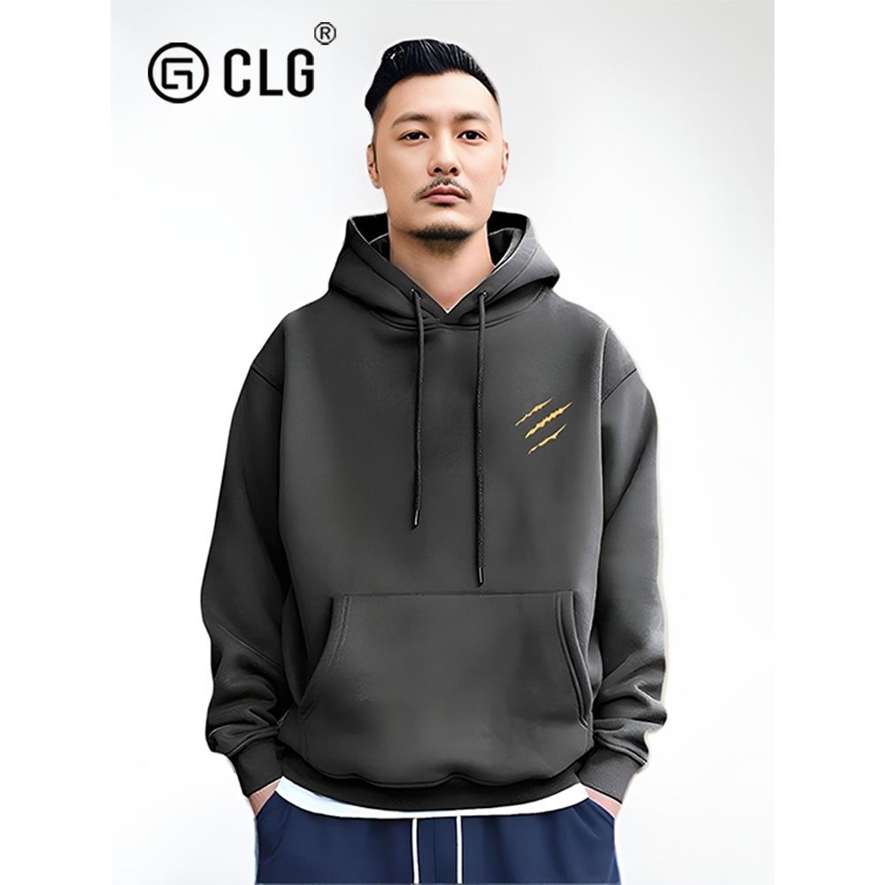 香港CLG潮牌酒红色连帽卫衣男余文乐秋冬款加绒纯棉重磅宽松外套 - 图2