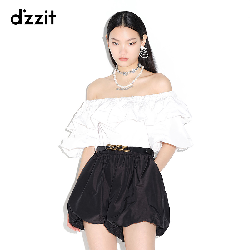 dzzit小地素法式浪漫荷叶边黑白撞色拼接连体裤女短裤连衣裤