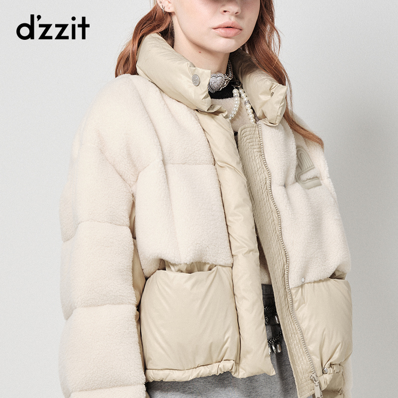 dzzit地素短款立领泡芙羽绒服秋冬专柜新款奶白色仿羊羔绒拼接