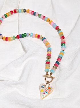 Coloful Glass Beads Heat Pendant Necklace fo Women Fashion