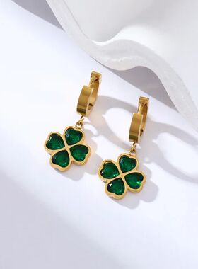 GANEMLY 316L Stainless Steel Green Clover Crystal Earrings