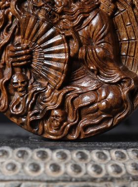 沉香木雕天师钟馗圆牌吊坠木雕工艺品随型挂坠车载挂件饰品手工