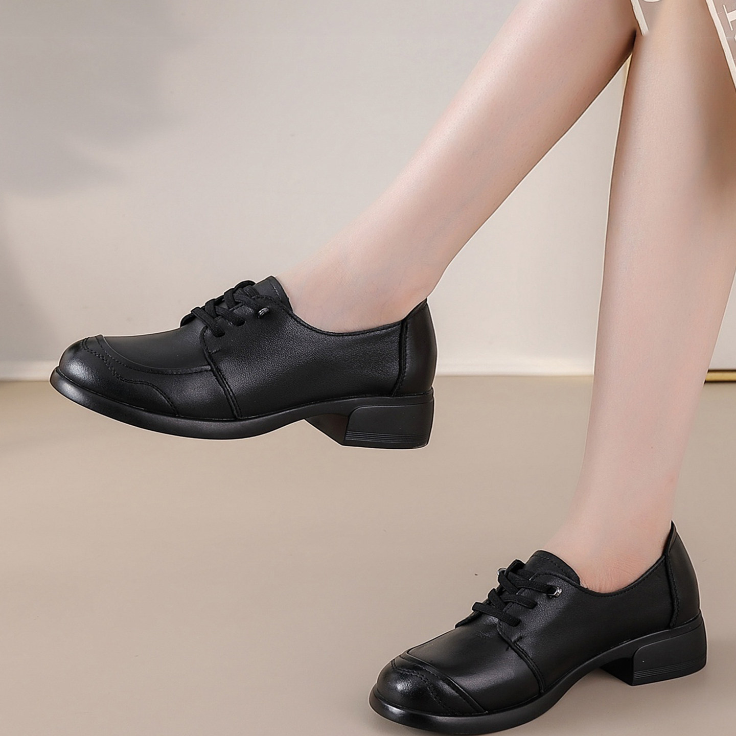 嘉俪多女欧美单鞋牛皮深口圆头粗跟乐福鞋系带2025新款秋季时尚,淘宝优惠券,粉丝福利购,淘宝优惠卷