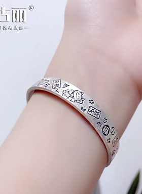 9999纯银手镯招财猫古法平安喜乐吉言足银镯子小众年轻款女生礼物