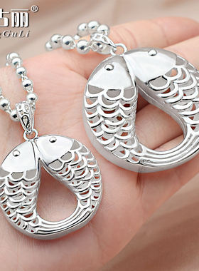 女足银镂空亲嘴鱼毛衣链长款吊坠