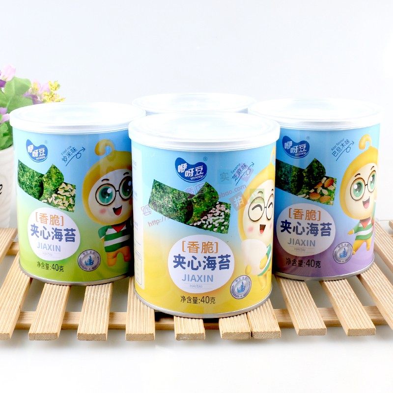 4罐 咿呀豆夹心海苔脆40克芝麻炒米巴旦木核桃味儿童休闲食品零食,淘宝优惠券,粉丝福利购,淘宝优惠卷