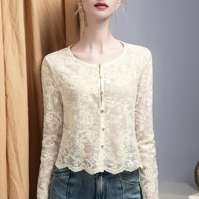 ແມ່ຍິງ jacquard lace top hollow ເຄິ່ງໂປ່ງໃສ