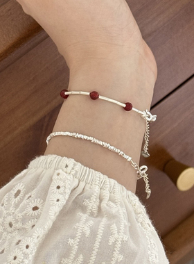 「银韵红珠」S925纯银竹节红玛瑙手链个性银管高级感极简红手链