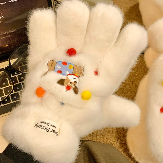 Cute dachshund puppy plush finger gloves for women winter plus velvet and thickening to keep warm and cold-proof furry cycling students