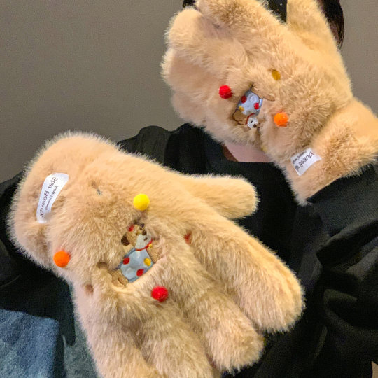 Cute dachshund puppy plush finger gloves for women winter plus velvet and thickening to keep warm and cold-proof furry cycling students