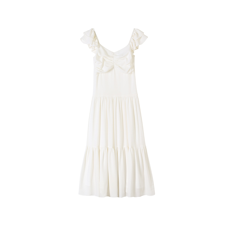 美丽的皇帝 白色飞飞袖连衣裙2024夏季新款修身显白显瘦短袖长裙