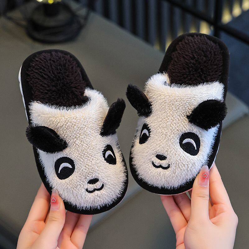 儿童秋冬棉拖鞋加厚软底防滑居家室内厚底熊猫可爱卡通棉鞋亲子鞋