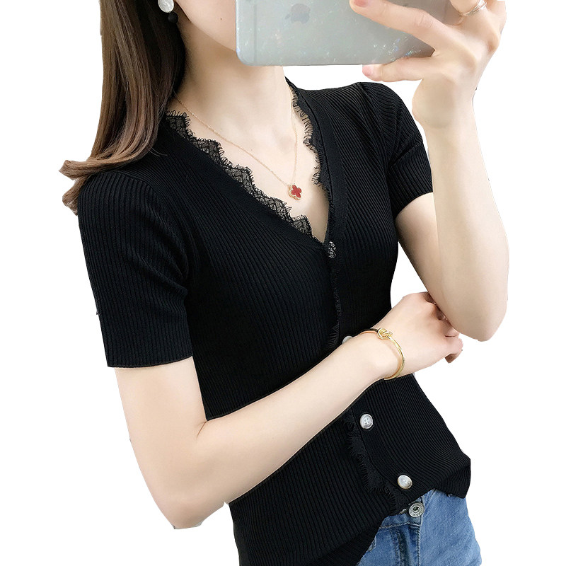 冰丝v领蕾丝拼接纽扣短袖针织衫 宇莎依恋毛针织衫