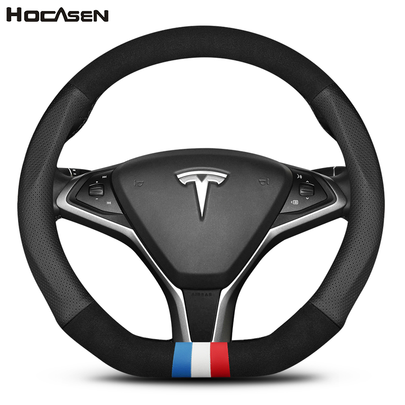 适用于特斯拉方向盘套真皮Model3 ModelX ModelS Y翻毛皮汽车把套 - 图0