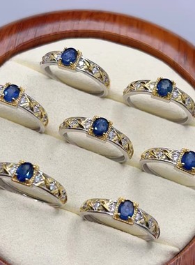 realtreasure天然老烧蓝宝石戒指时尚气质分色镶钻设计高级感S925