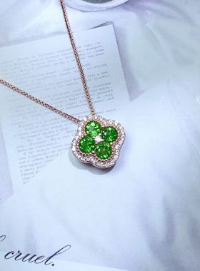 realtreasure天然透辉石吊坠925纯银镶嵌 四叶草 裸石尺寸3*3mm