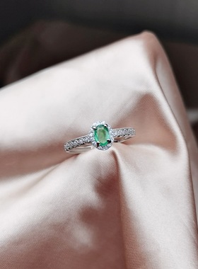 realtreasure大促系列祖母绿戒指s925银镶嵌满钻祖母绿女戒无瑕疵