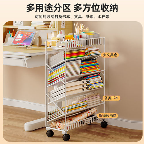 可移动书架落地置物架多层碳钢小推车零食杂物桌面旁阅读收纳书柜 - 图2