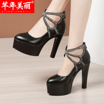 13cm ultra high heel water drill 100 lap shallow opening single shoe woman thick bottom waterproof bench high heel Heel Model Qipao Walk Show Shoes