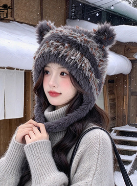 定制logo冬季保暖护耳套头帽韩版毛绒小熊耳朵帽子女显脸小包头针