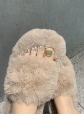 24片春夏青提奶绿猫眼脚趾甲显白简约美甲穿戴甲脚指甲可拆卸甲片