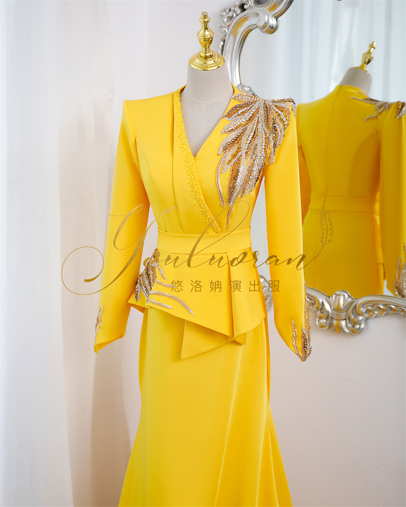 悠洛姌演出服新款黄色实拍显白重工主持人礼服舞台表演艺考礼服 - 图1