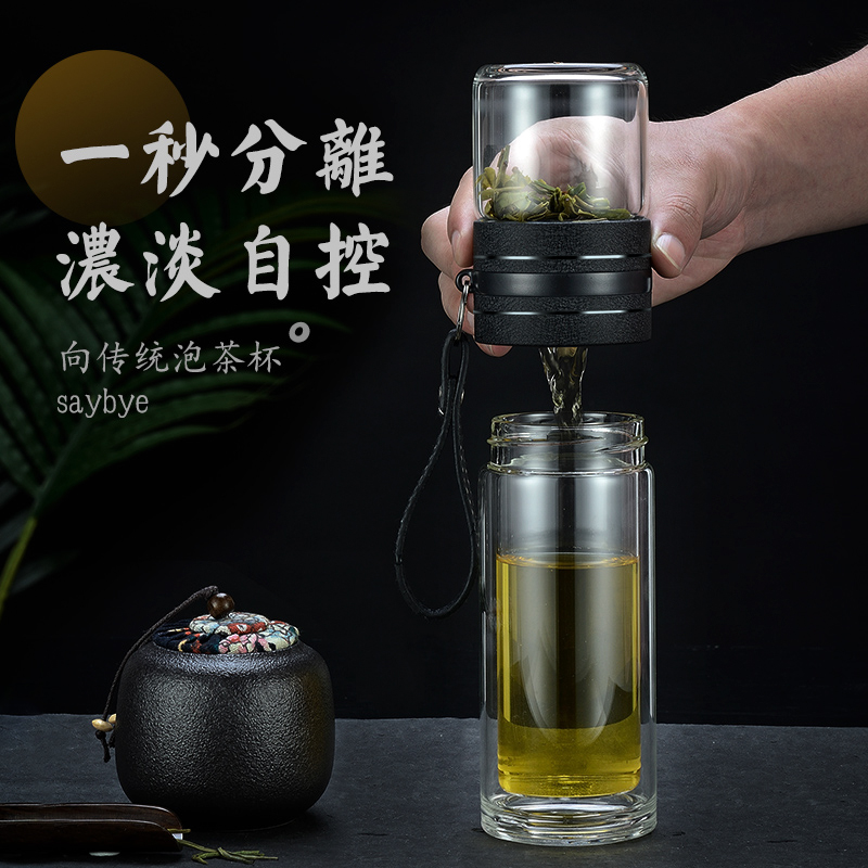 保温茶水分离泡茶杯过滤隔热双层玻璃杯子透明水杯高档男士便携-图1