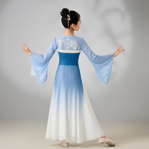 六一女童表演出服古典舞飘逸蓝色渐变练功服纱衣中国舞蹈大摆裙裤 - 图3