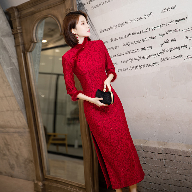 红色2022年新款唐装冬季喜庆裙旗袍 丹瑞诗旗袍