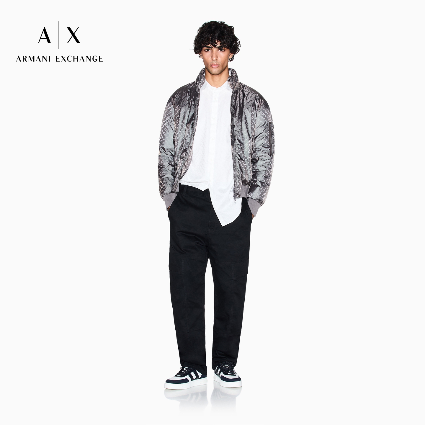 ARMANI EXCHANGE/阿玛尼冬季新款男立领印花廓形飞行夹克棉服外套
