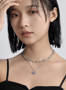 幽蓝蝴蝶叠戴项链女款轻奢精致高级吊坠毛衣链女生锁骨链520礼物