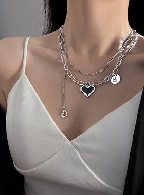 Wliu马赛克爱心叠戴项链女款轻奢精致流苏吊坠钛钢锁骨链生日礼物