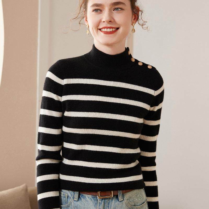 山羊绒衫女半高领条纹洋气短款修身毛衣百搭显瘦羊绒针织打底衫,淘宝优惠券,粉丝福利购,淘宝优惠卷