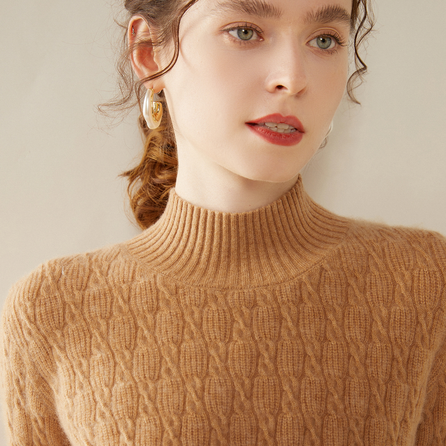 高级感山羊绒衫女半高领扭花套头加厚毛衣内搭纯色羊绒针织打底衫 - 图1