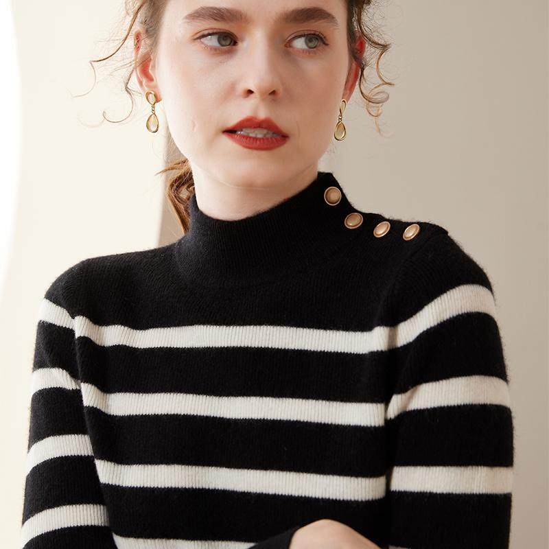 山羊绒衫女半高领条纹洋气短款修身毛衣百搭显瘦羊绒针织打底衫,淘宝优惠券,粉丝福利购,淘宝优惠卷