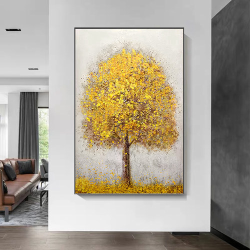 手绘肌理油画发财树进门入户玄关画轻奢挂画高级感走廊过道装饰画 - 图1
