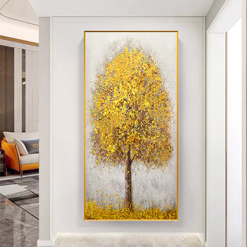手绘肌理油画发财树进门入户玄关画轻奢挂画高级感走廊过道装饰画 - 图0